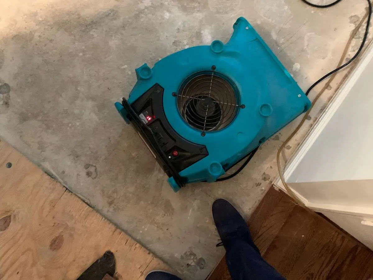 Air mover drying subfloor during Leak Detection & Repair in Lemoore